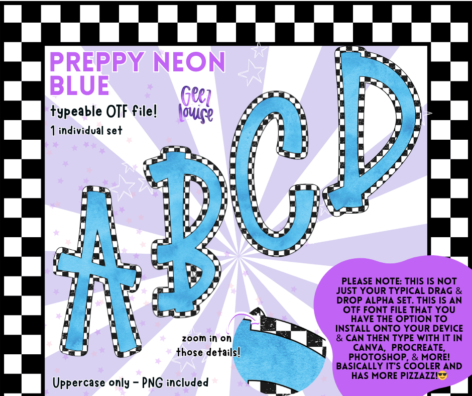 Preppy Neon Typeable OTF Alpha Font | Uppercase Letters with PNGs Included