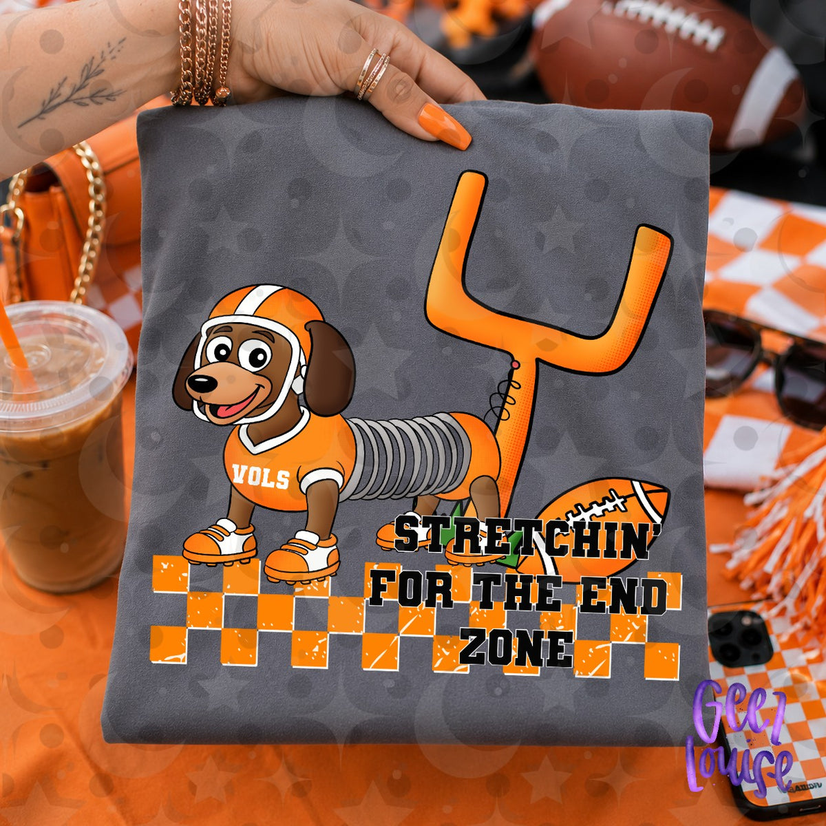 Stretchin’ for the End Zone Football Dog PNG | Orange Game Day Design | September 26 No FOMO Drive