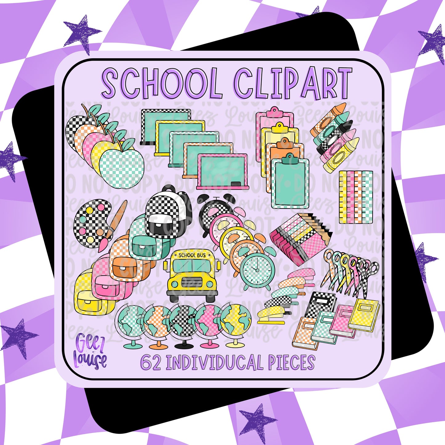 School Clipart Bundle | 62 Back-to-School PNGs | Pastel + Checkerboard Style