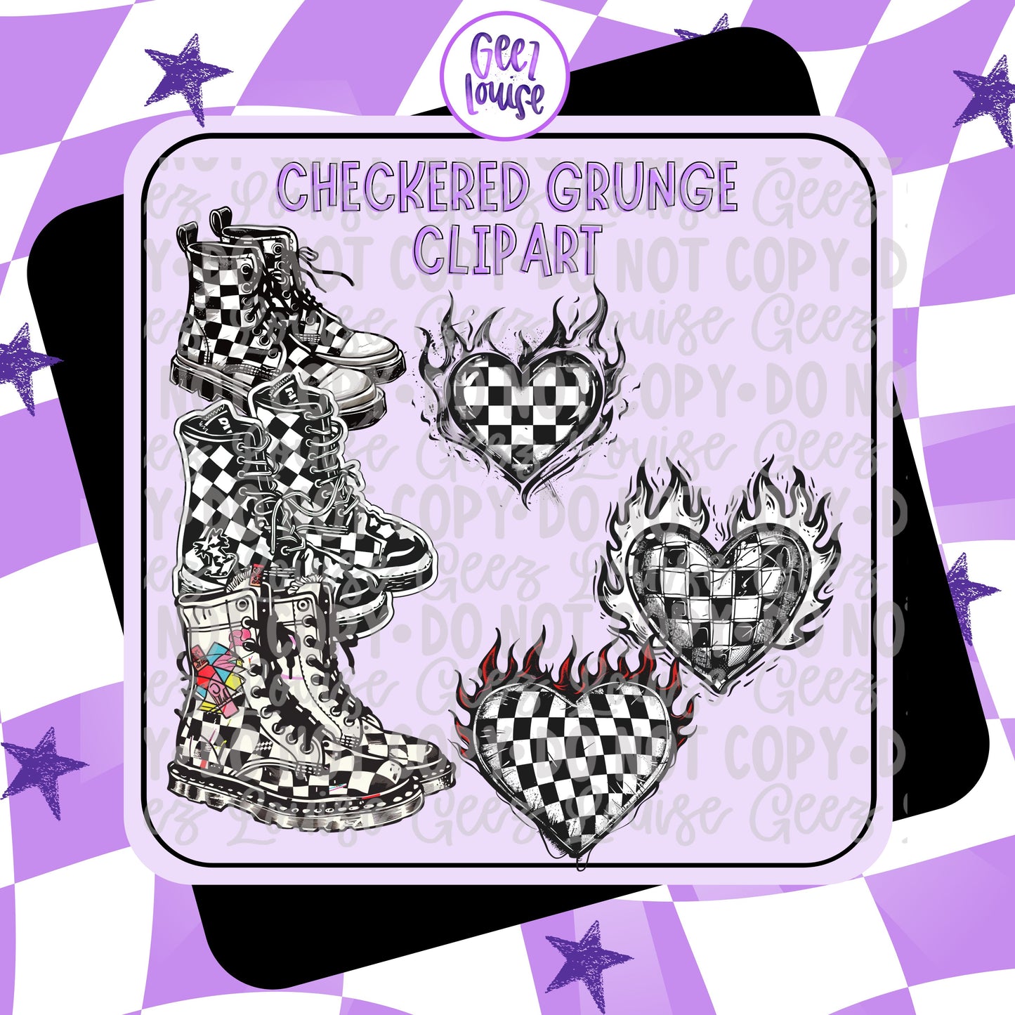 Grunge Checkerboard Boots & Flame Heart Clipart | Digital PNG Pack