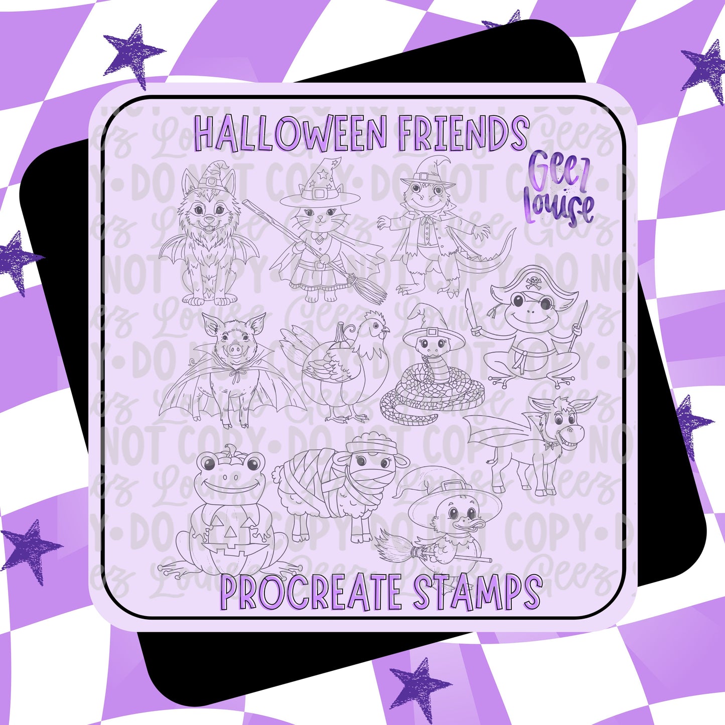 Set of Halloween-themed stamps on a card with 'Glee Louise' branding, against a purple star-patterned background.