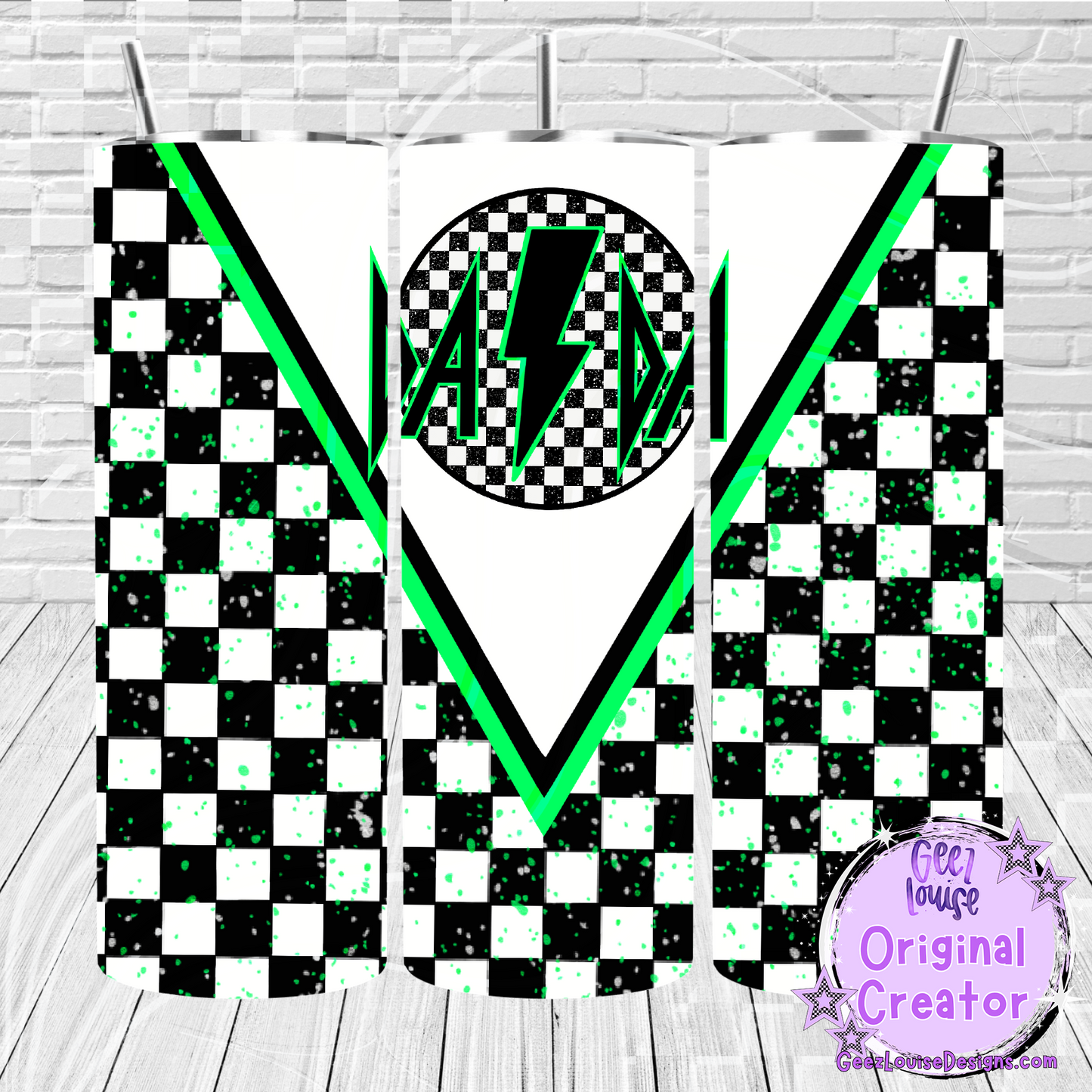 Checkered Lightning Family Tumbler Wraps – Green Mini, Mama, Dada Variants (20 oz Skinny PNG)