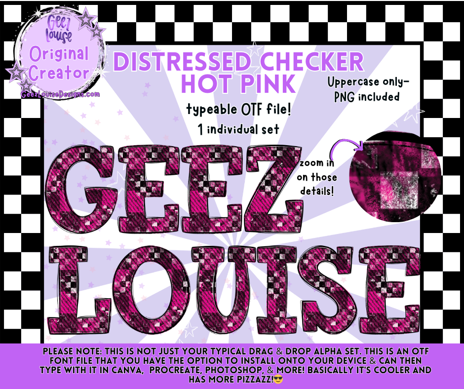 DISTRESSED CHECKER HOT PINK — Typeable OTF Alpha Font + PNGs