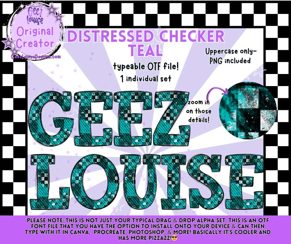 DISTRESSED CHECKER TEAL — Typeable OTF Alpha Font + PNGs