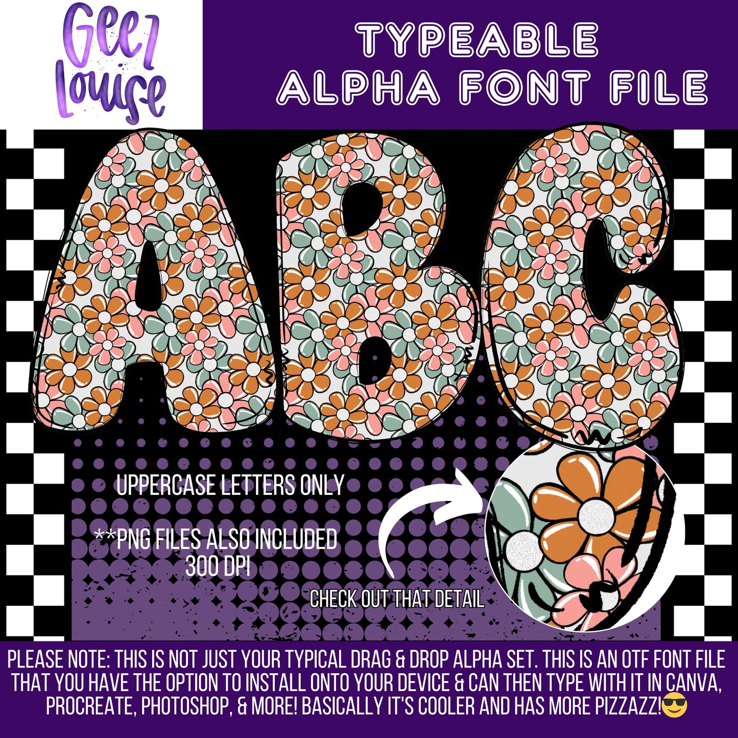 Retro spring floral- TYPEABLE OTF Font - Alpha Set - Digital Download- PNG
