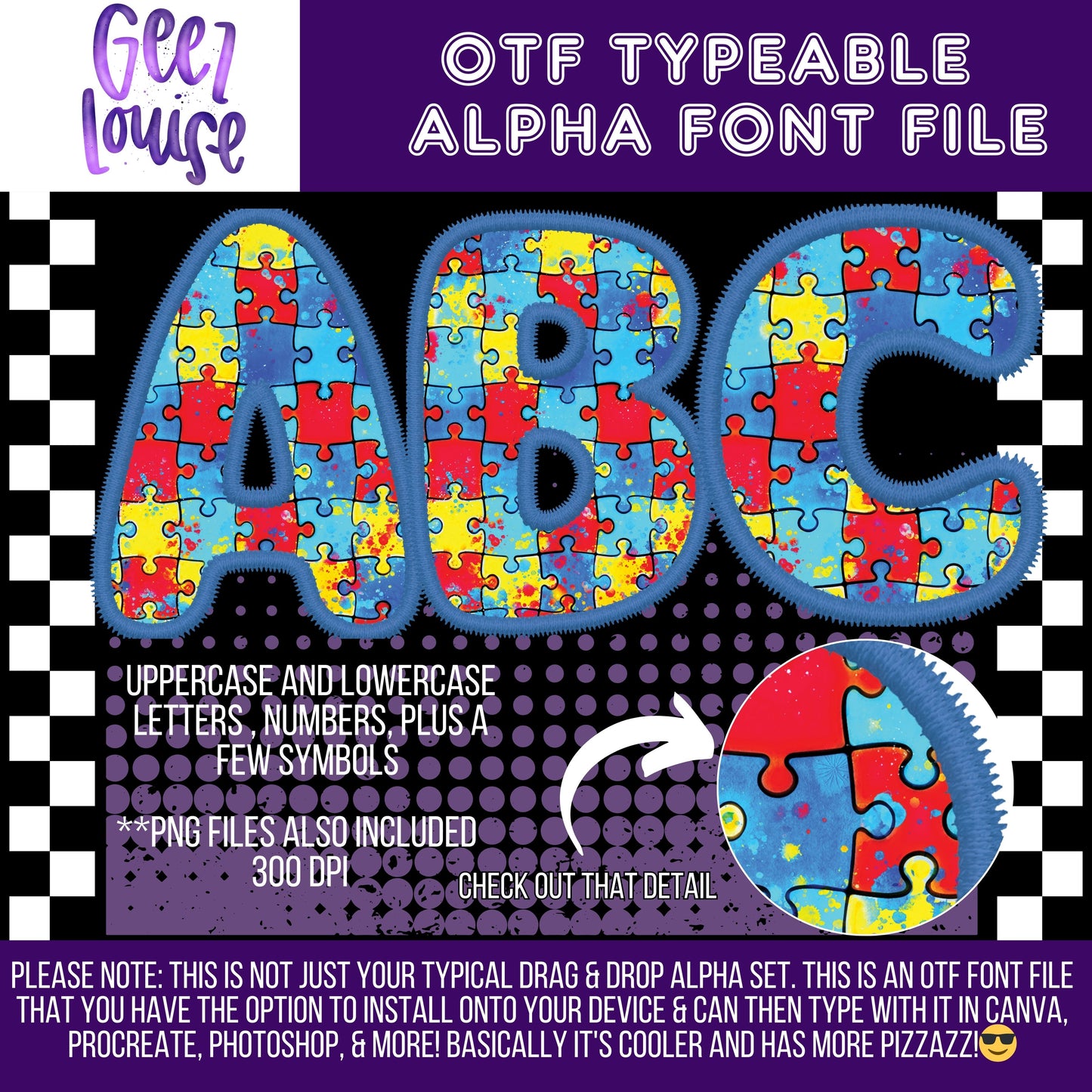 Puzzle piece faux embroidery - TYPEABLE OTF Font - Alpha Set - Digital Download- PNG