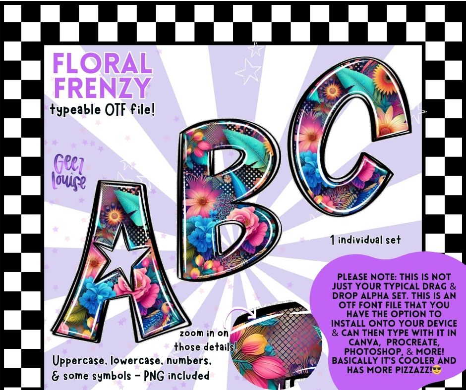 Floral Frenzy – Vibrant Floral OTF Font + PNG Alpha Set