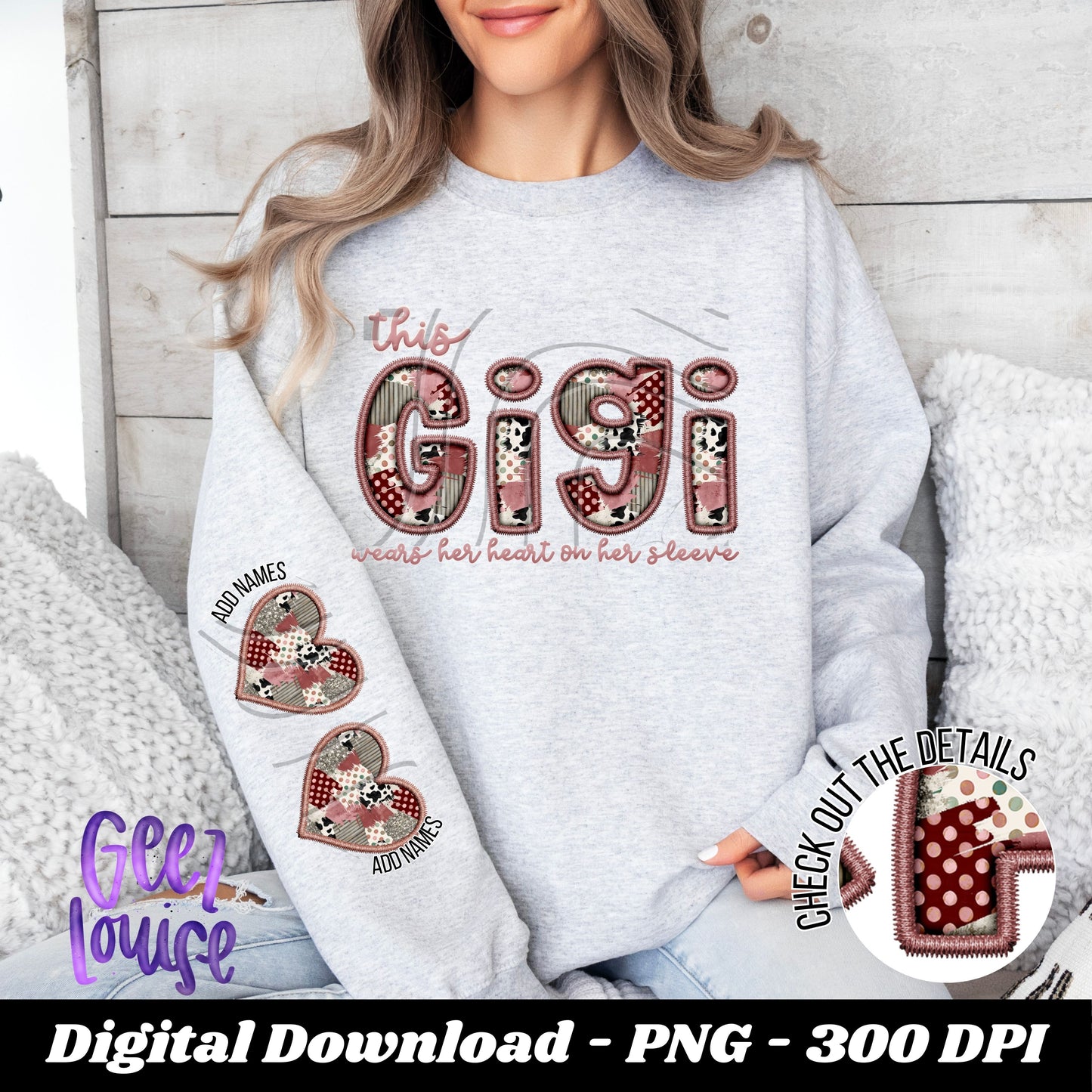 Heart on Sleeve Patchwork Faux Embroidery - Valentine - Digital Download- PNG