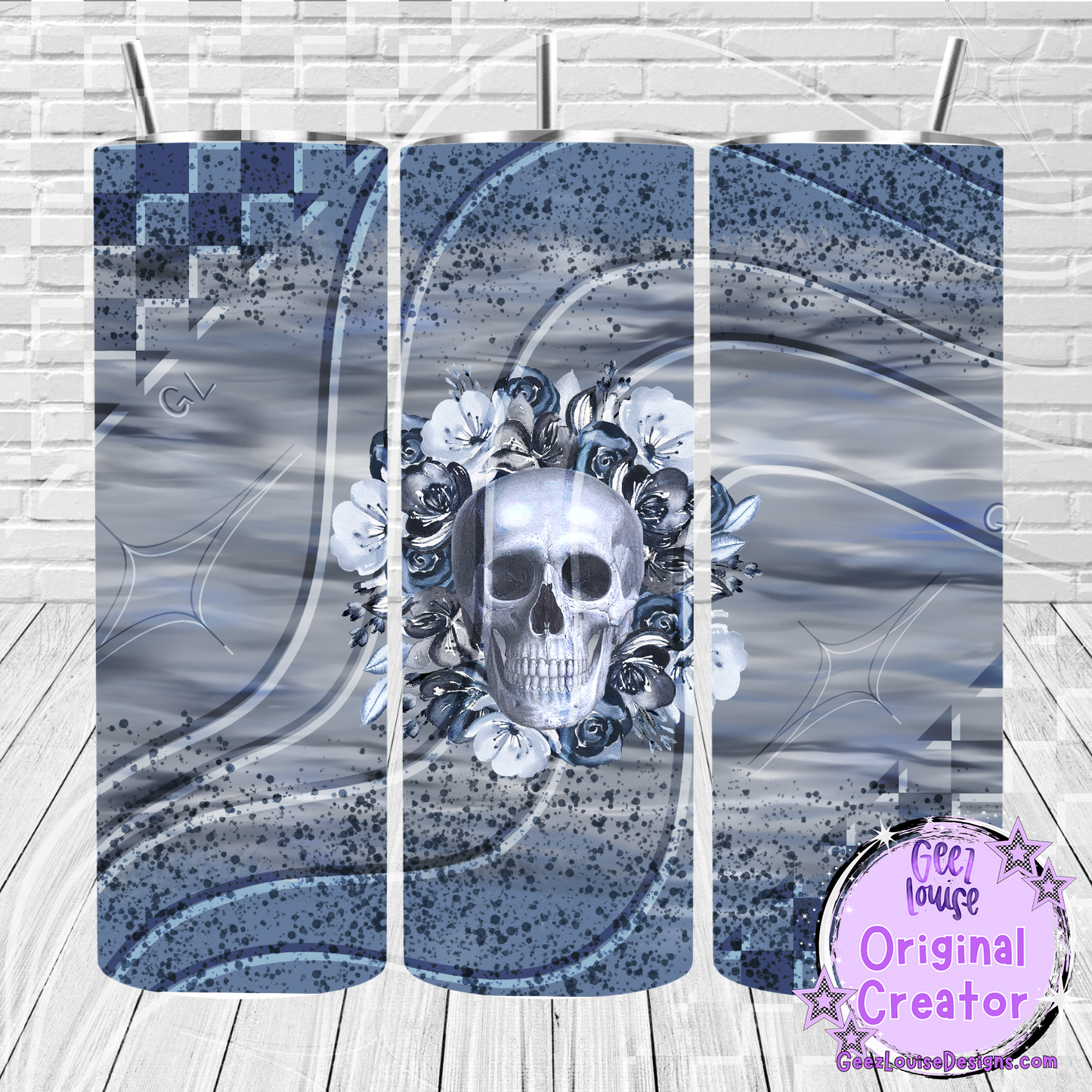 Blue Floral Skull Tumbler Wrap – Gothic Watercolor Digital Download (20 oz Skinny)