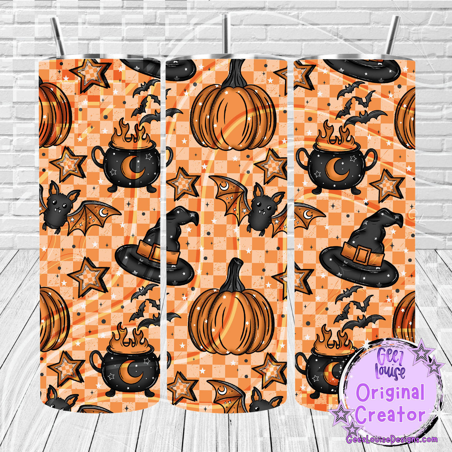 Halloween-themed pattern with pumpkins, bats, and witch hats on a checkered background.