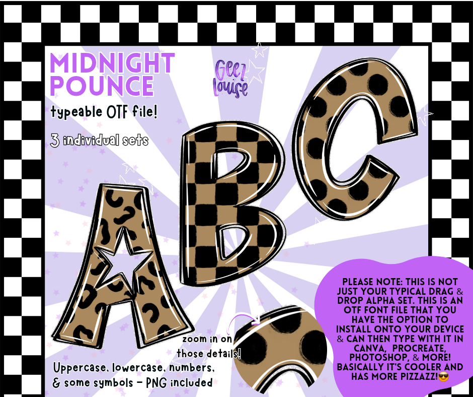 Midnight pounce (3 sets) - TYPEABLE OTF Font - Leopard & Checker Alpha Set - Digital Download- PNG +OTF