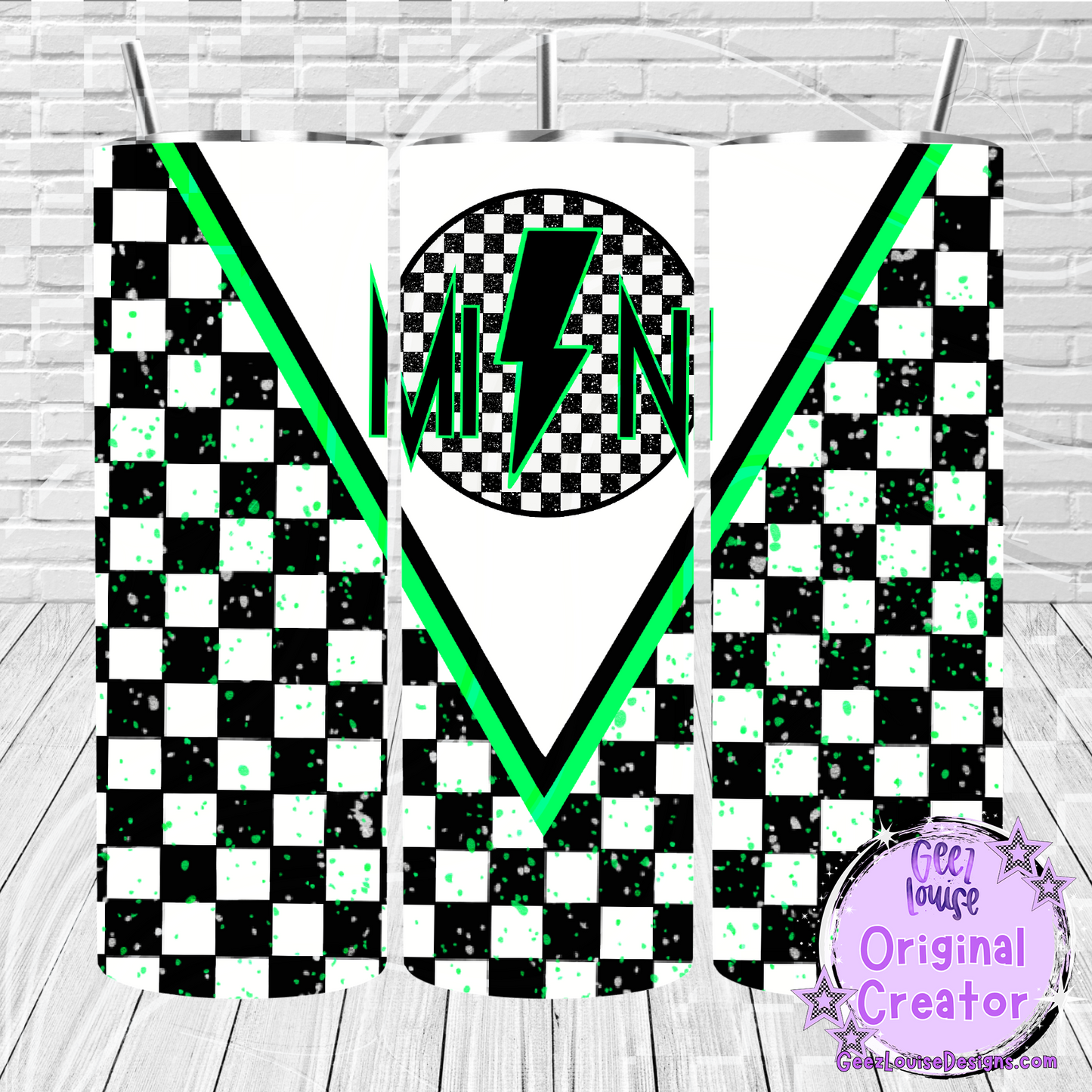 Checkered Lightning Family Tumbler Wraps – Green Mini, Mama, Dada Variants (20 oz Skinny PNG)