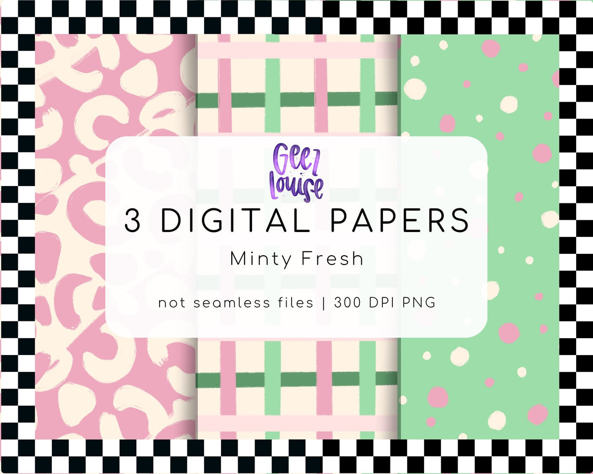 Minty Fresh Digital Paper Bundle | 3 Pink Green PNG Backgrounds