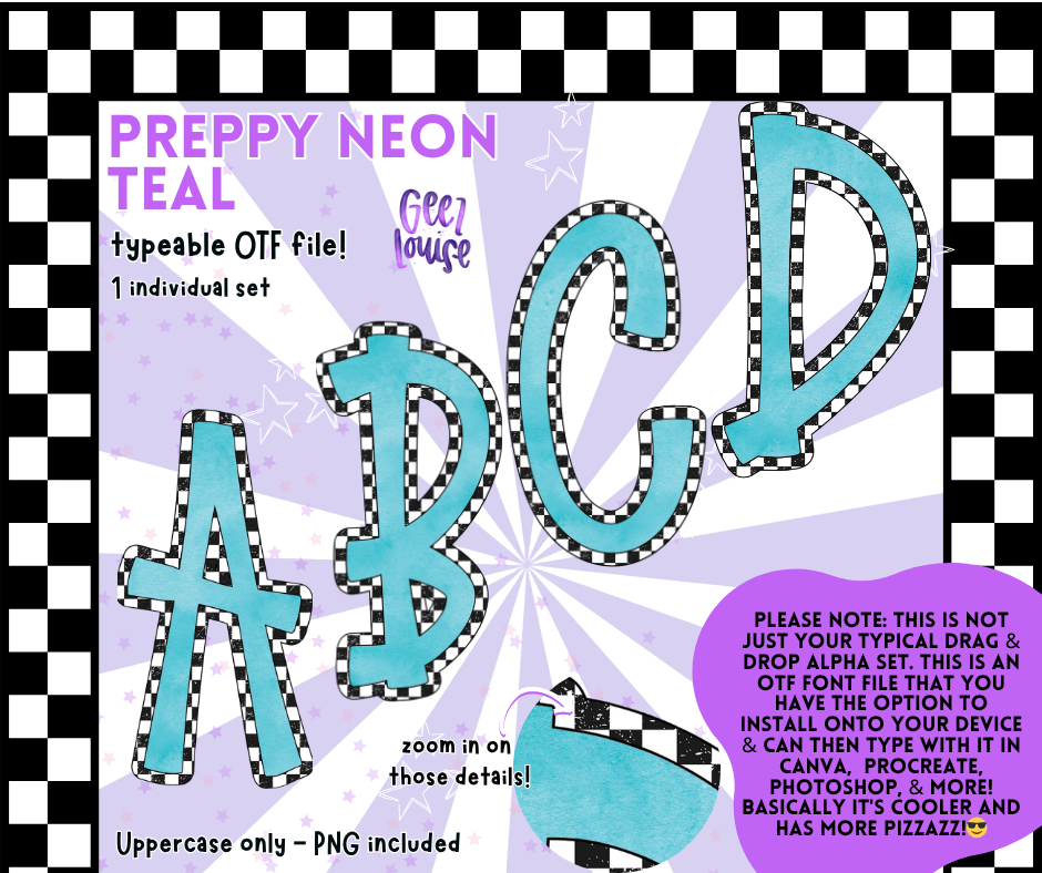 Preppy Neon Typeable OTF Alpha Font | Uppercase Letters with PNGs Included