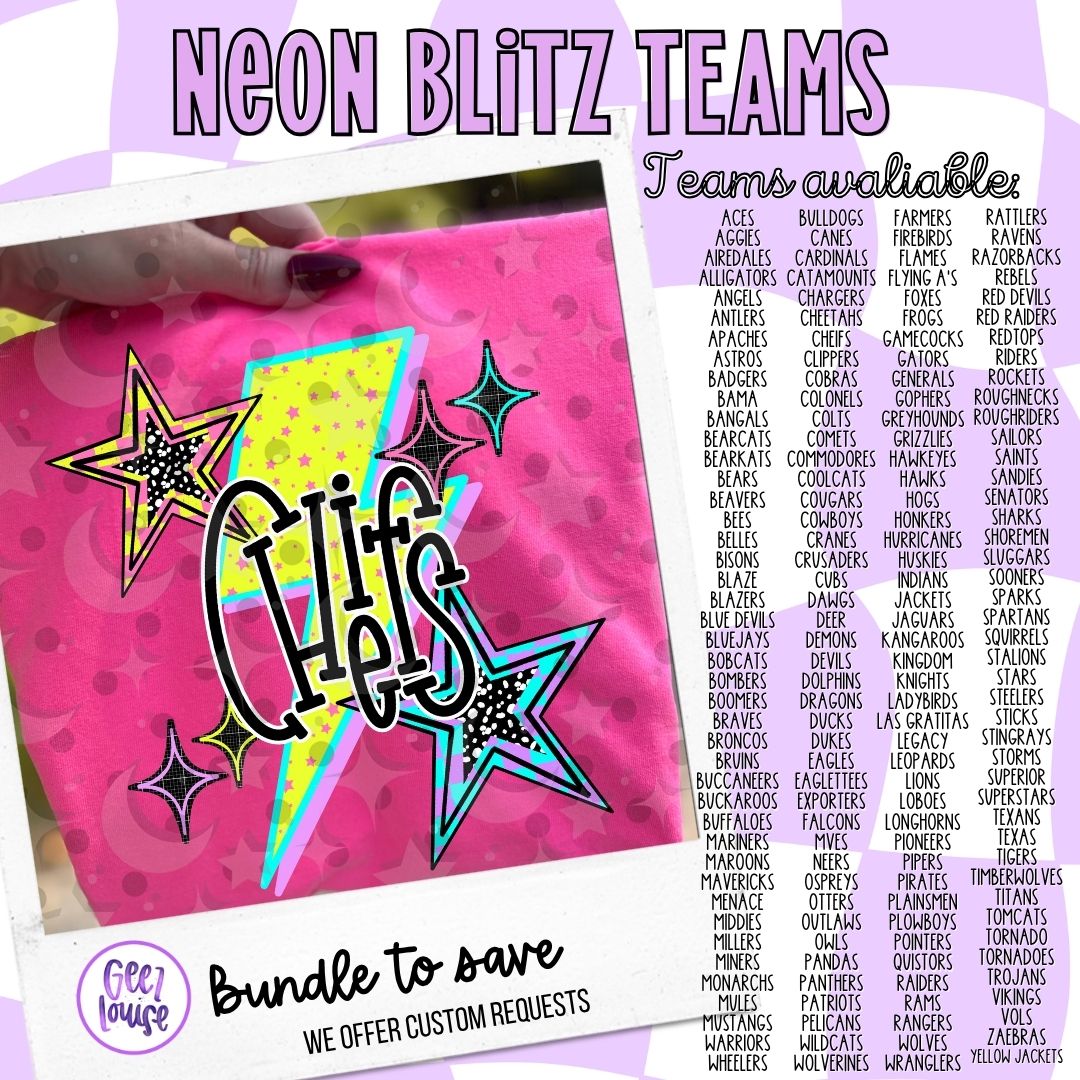 Neon Blitz Team PNG Bundle | Retro Lightning Mascot Designs + Custom Team Option | School Spirit Graphics