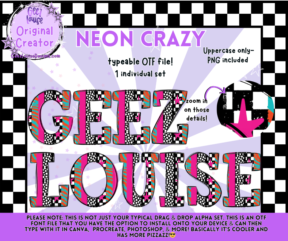 NEON CRAZY — Typeable OTF Alpha Font + PNGs