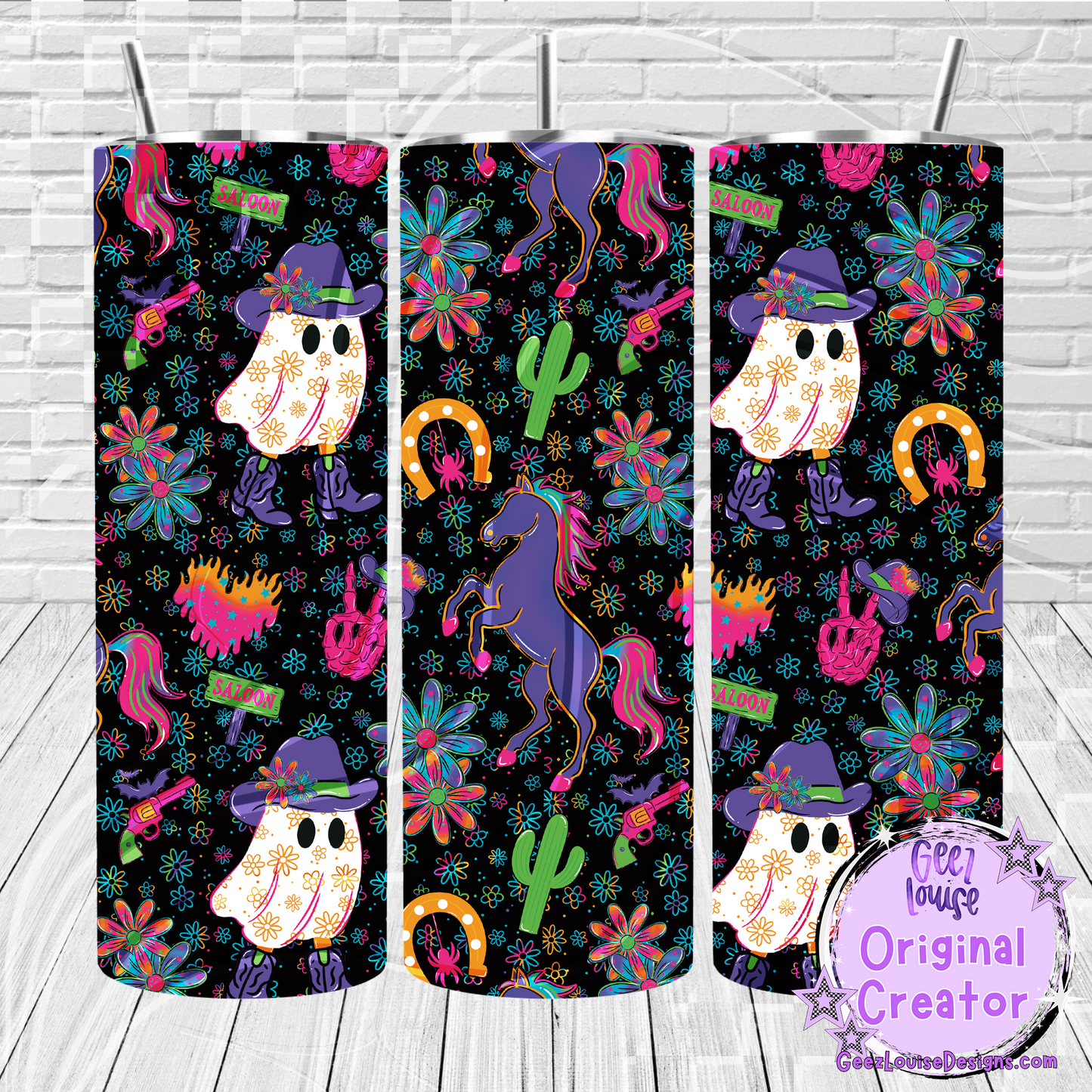 Three colorful tumblers with a ghost, horse, and candy cane design on a black background.
