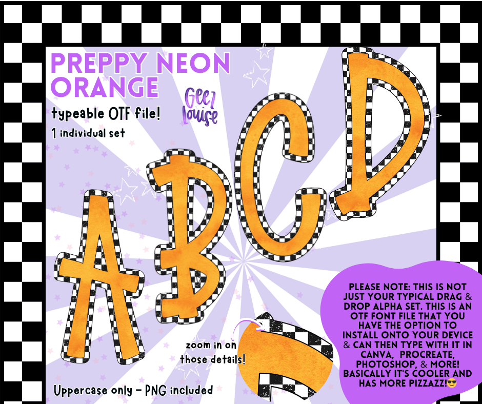 Preppy Neon Typeable OTF Alpha Font | Uppercase Letters with PNGs Included