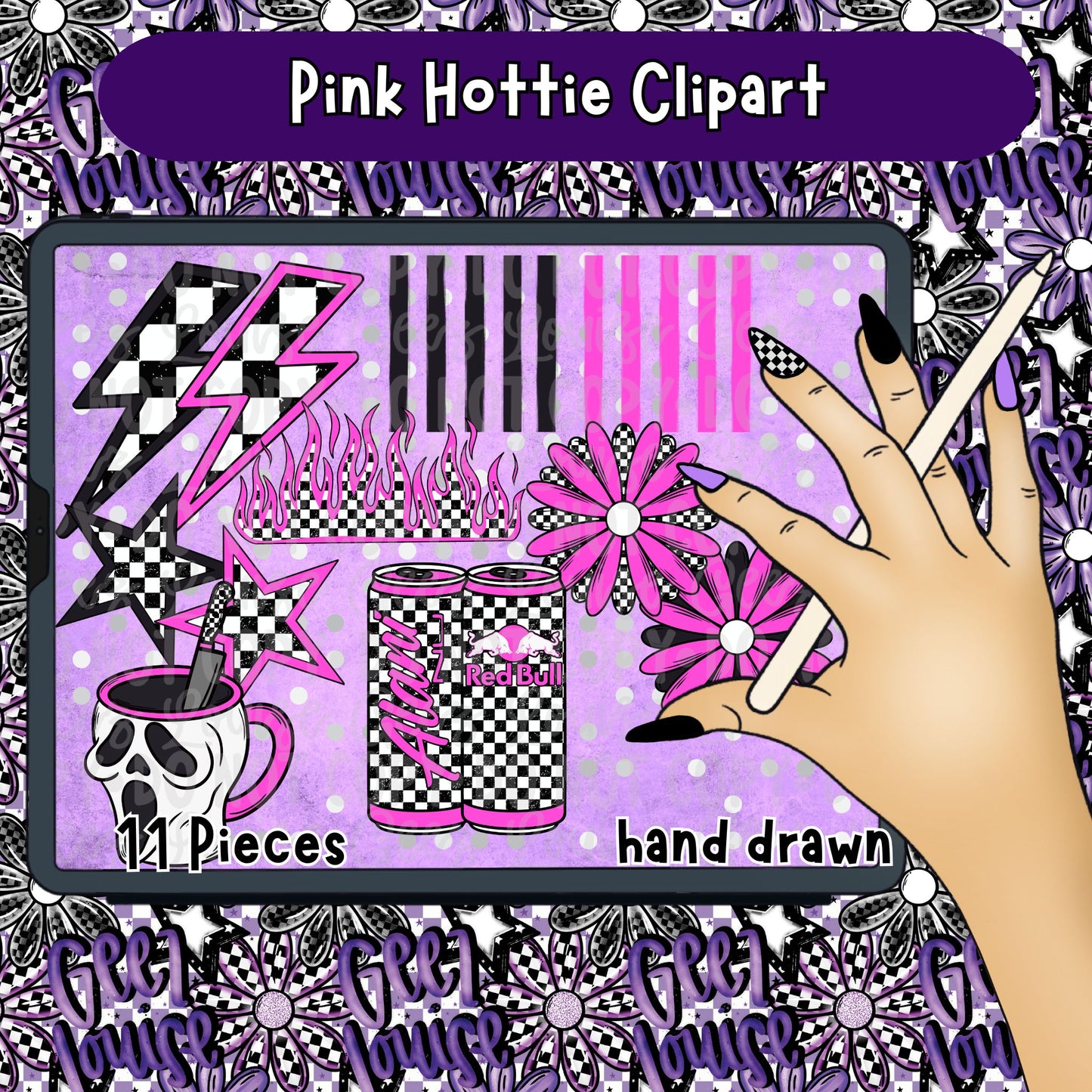 Pink Hottie Clipart PNG Bundle | Retro Checkerboard Girly Clipart Set