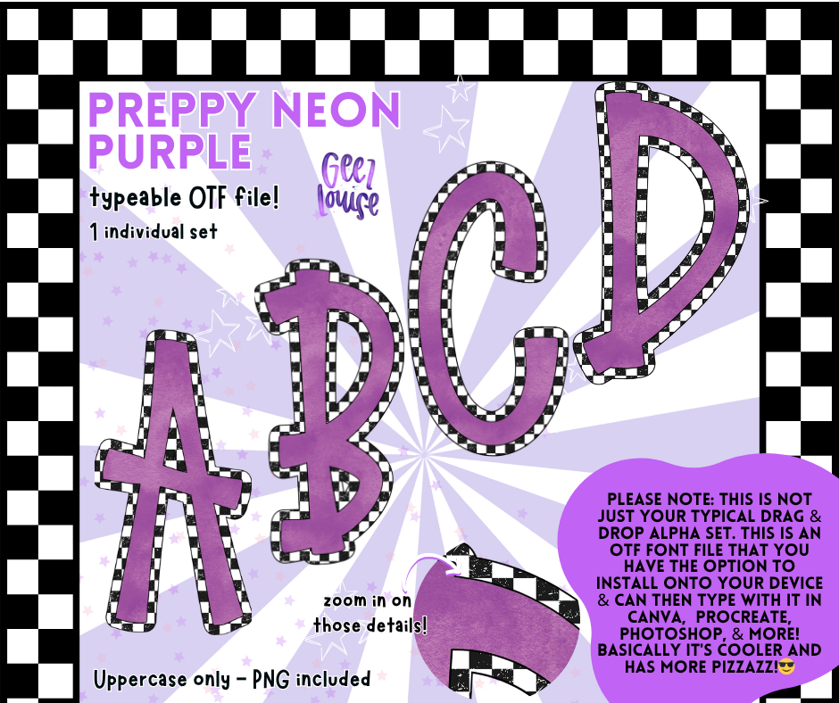 Preppy Neon Typeable OTF Alpha Font | Uppercase Letters with PNGs Included
