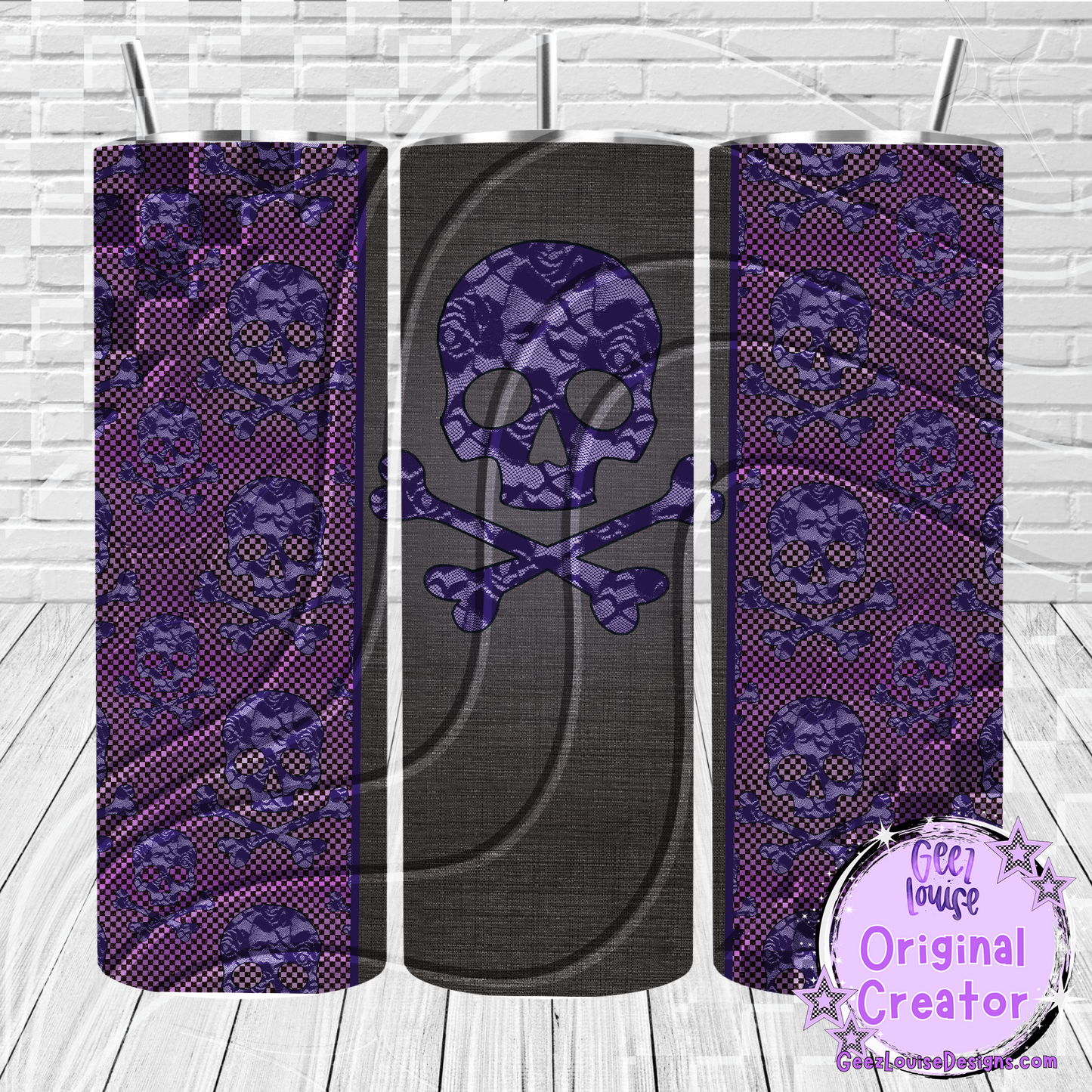 Purple Skull & Crossbones Tumbler Wrap – Gothic Lace Digital PNG (20oz Skinny)