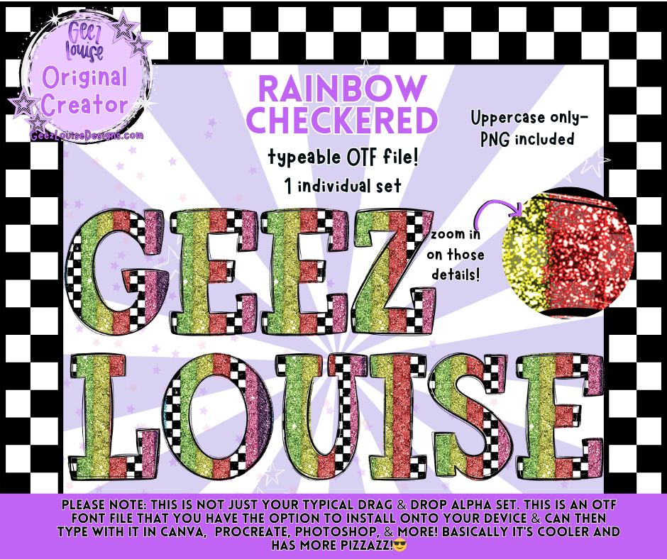 RAINBOW CHECKERED — Typeable OTF Alpha Font + PNGs