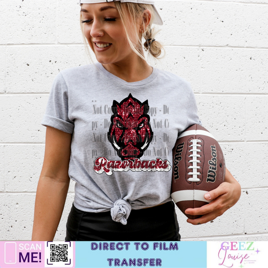 razorbacks Sequin Football- Direct to Film Transfer - made to order