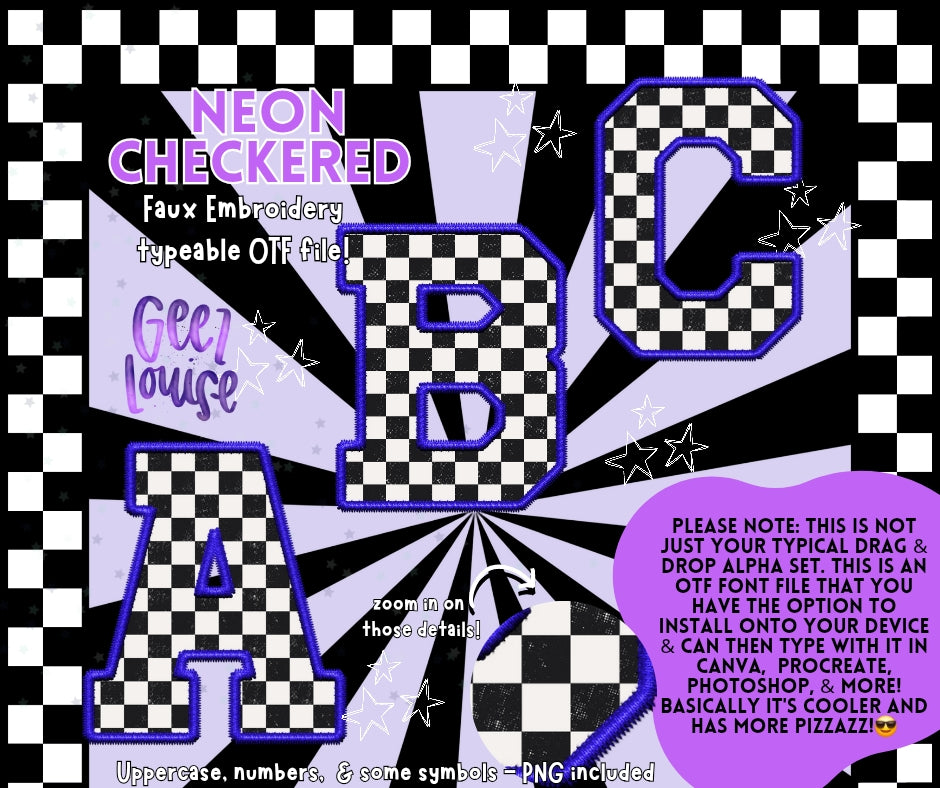 Blue Neon checkered faux embroidery - TYPEABLE OTF Font - Alpha Set - Digital Download- PNG