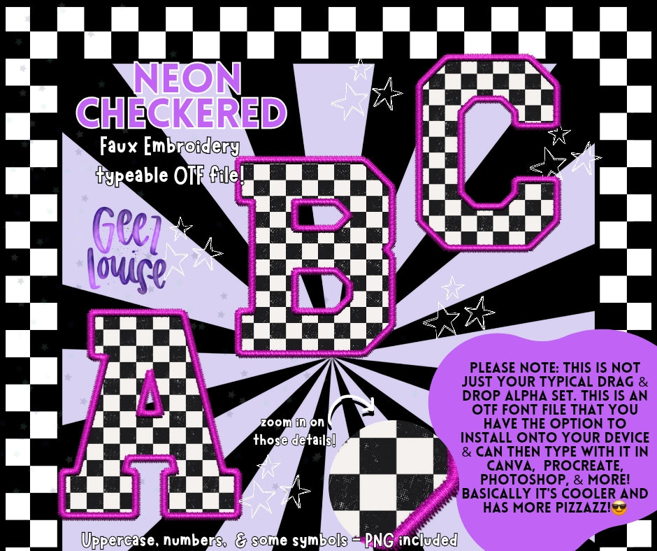 Pink Neon checkered faux embroidery - TYPEABLE OTF Font - Alpha Set - Digital Download- PNG
