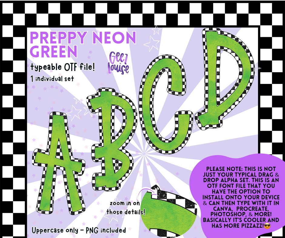 Preppy Neon Typeable OTF Alpha Font | Uppercase Letters with PNGs Included