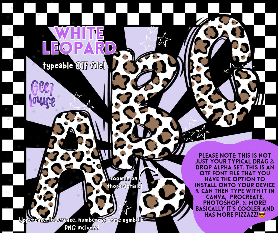 White leopard - TYPEABLE OTF Font - Alpha Set - Digital Download- PNG