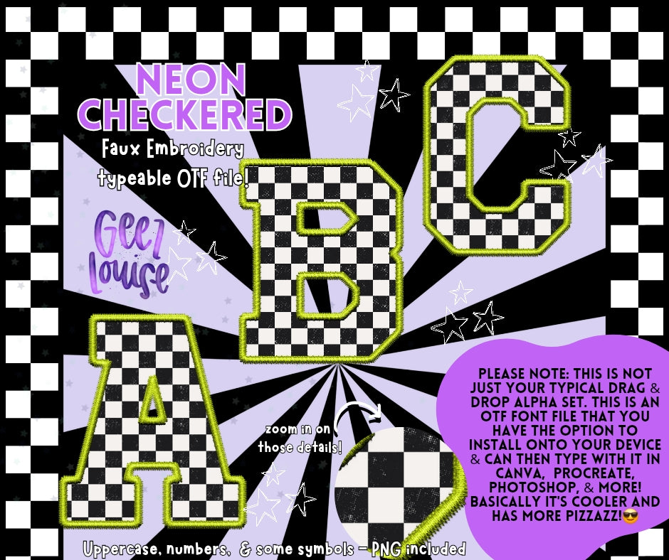 Yellow Neon checkered faux embroidery - TYPEABLE OTF Font - Alpha Set - Digital Download- PNG