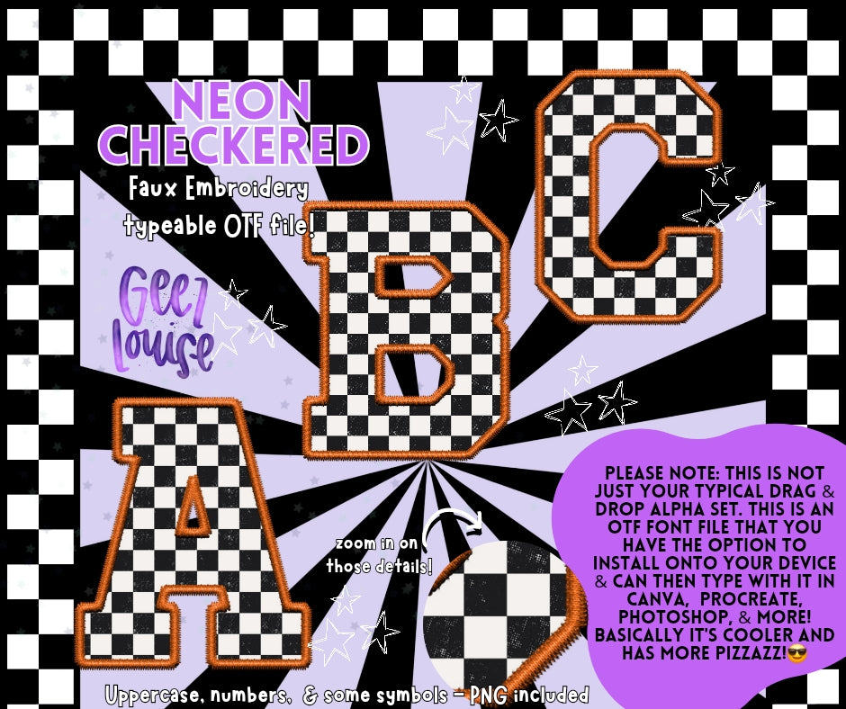 Orange Neon checkered faux embroidery - TYPEABLE OTF Font - Alpha Set - Digital Download- PNG