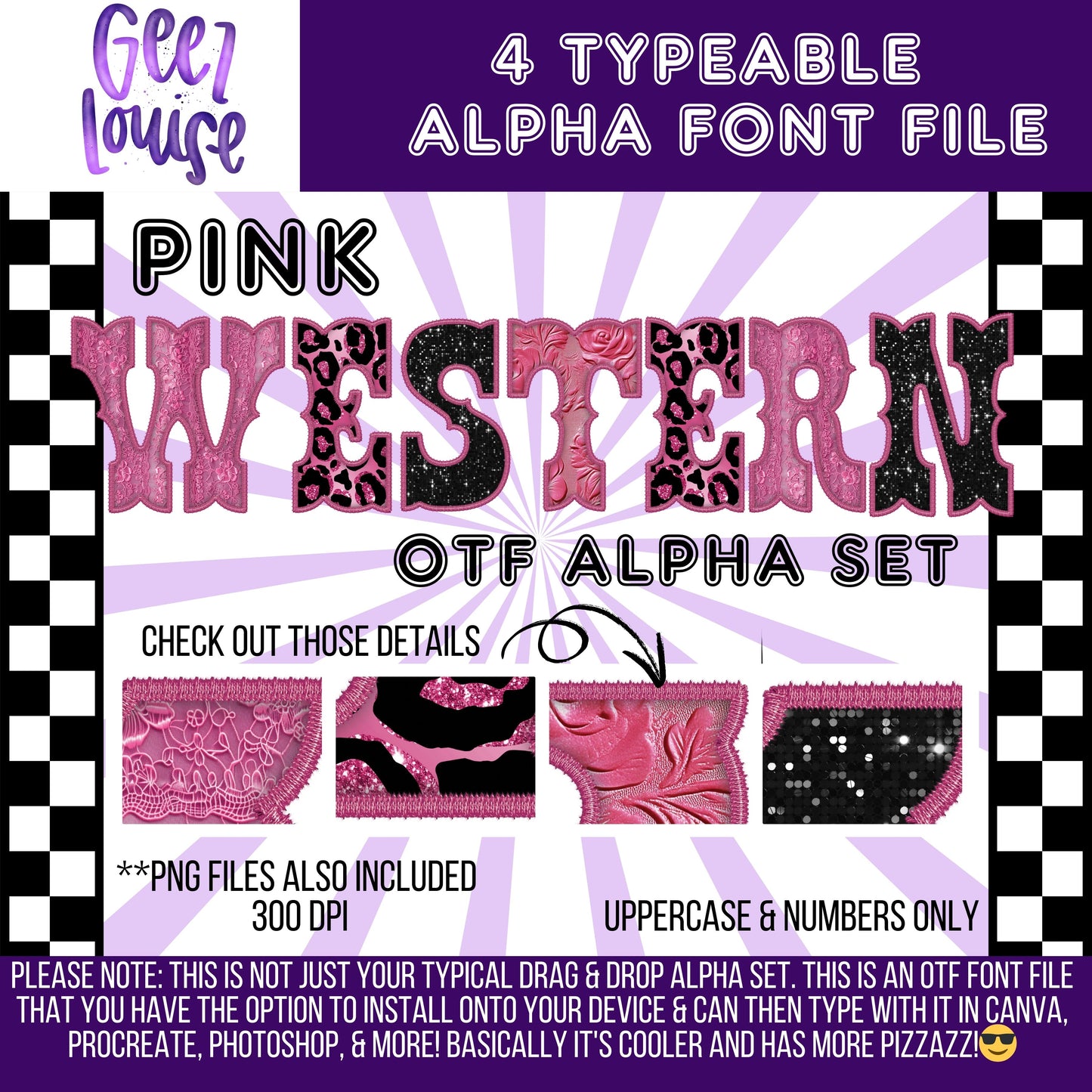 Pink western faux embroidery (4sets) - TYPEABLE OTF Font - Alpha Set - Digital Download- PNG