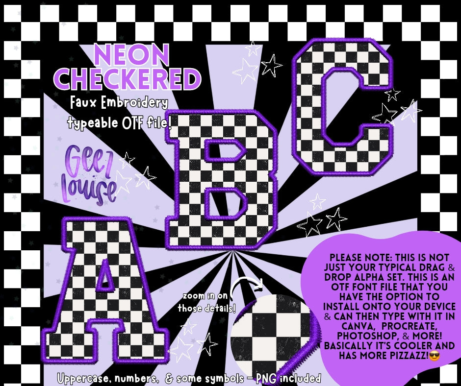 Purple Neon checkered faux embroidery - TYPEABLE OTF Font - Alpha Set - Digital Download- PNG