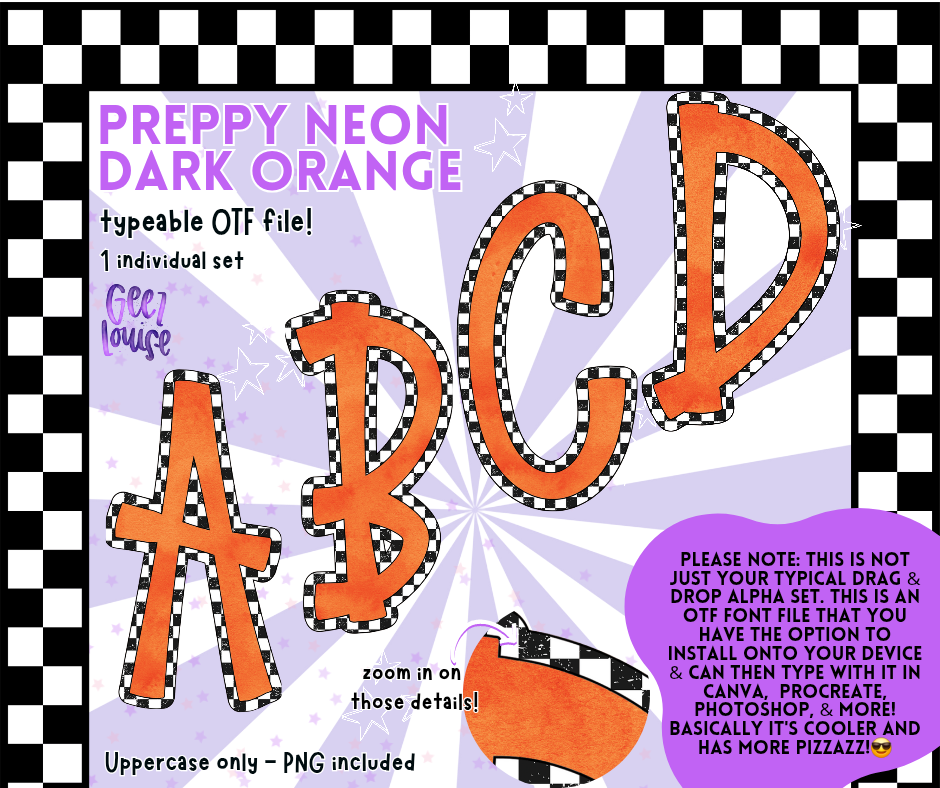 Preppy Neon Typeable OTF Alpha Font | Uppercase Letters with PNGs Included