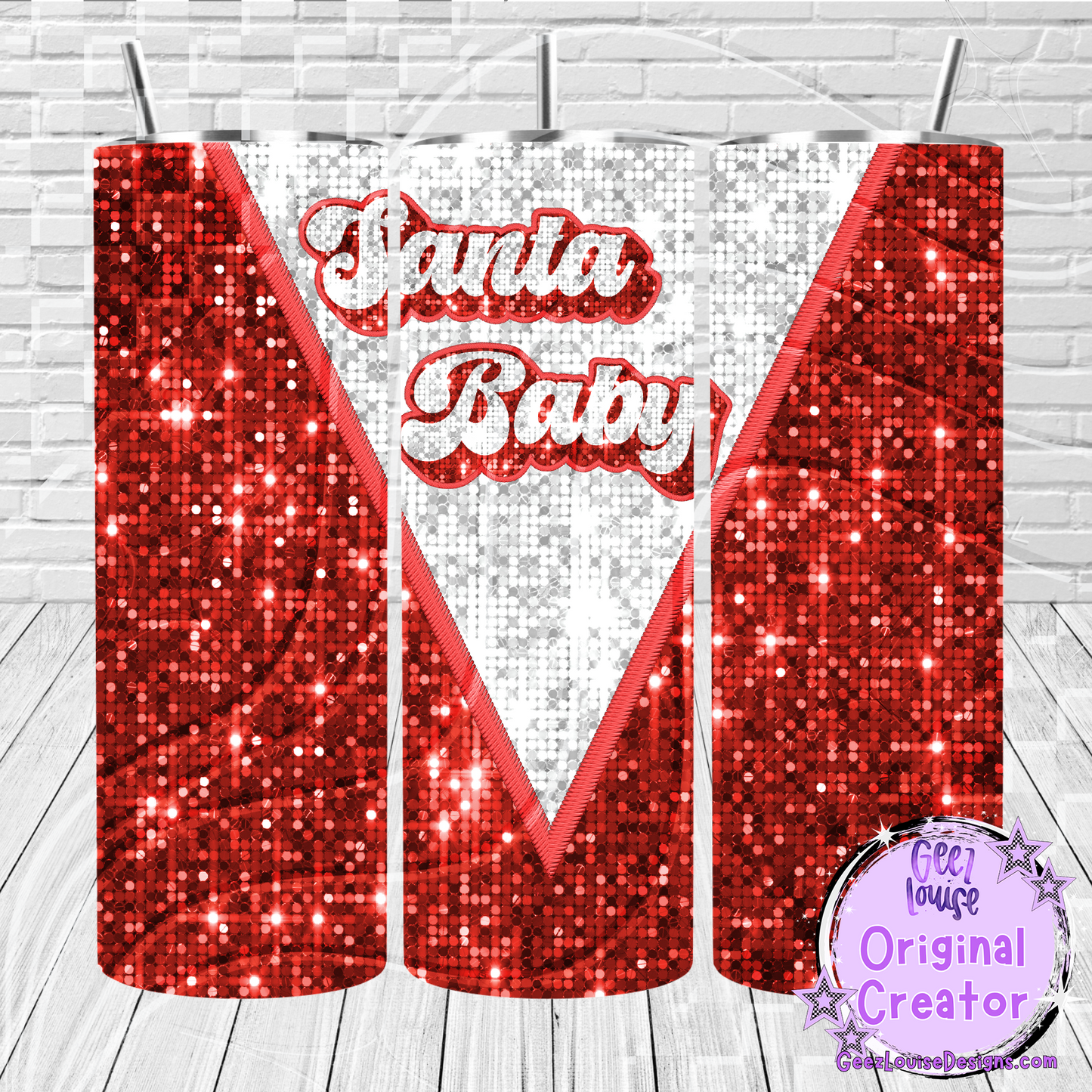 Santa Baby Christmas Tumbler Wrap – Red Sequin Glitter (20 oz Skinny PNG)