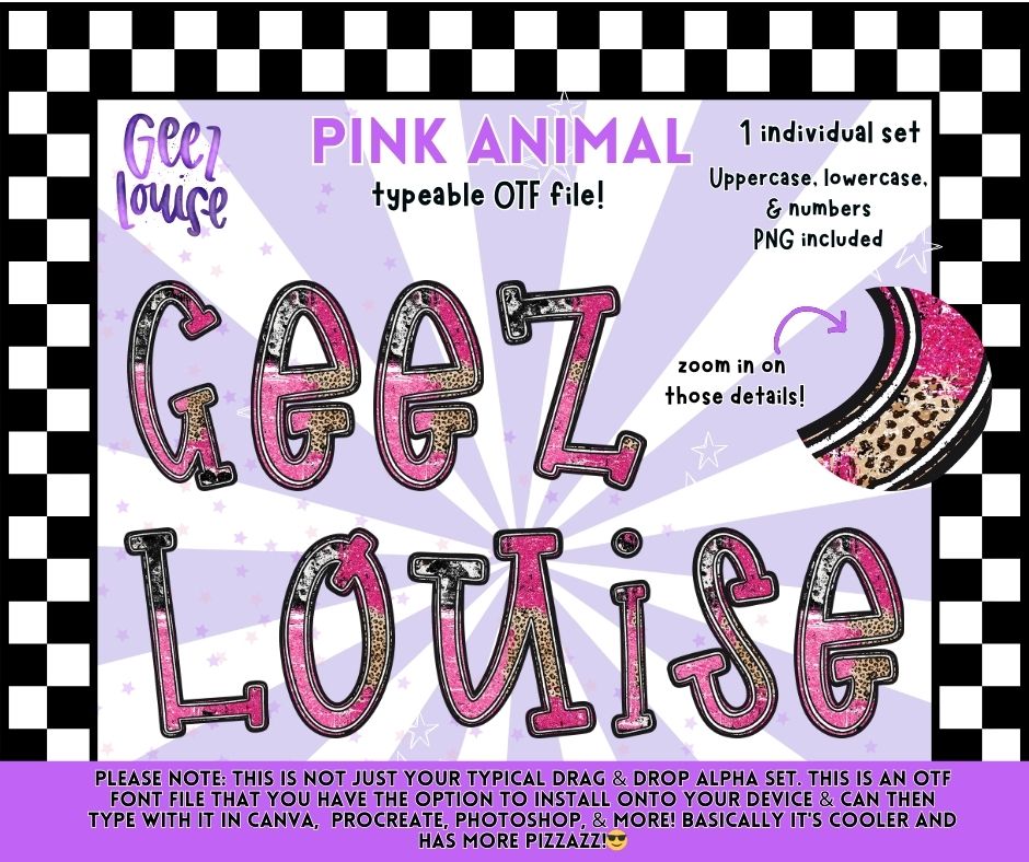 Pink Animal OTF Font & PNG Alpha Set | Typeable Alphabet | Uppercase Lowercase Numbers | Digital Download