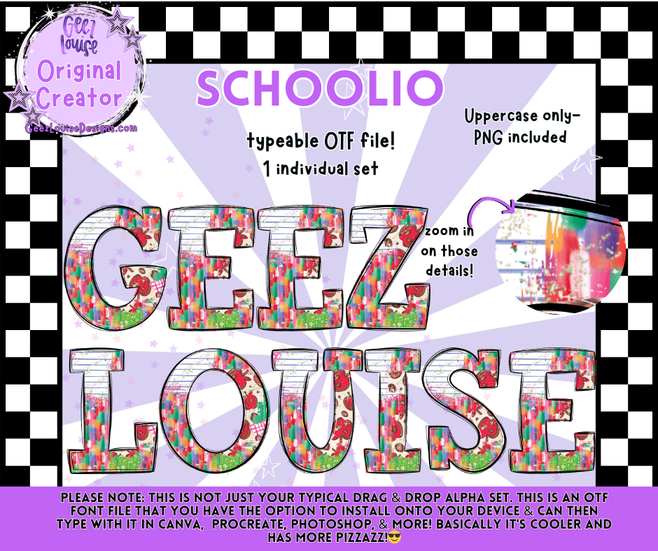 SCHOOLIO — Typeable OTF Alpha Font + PNGs