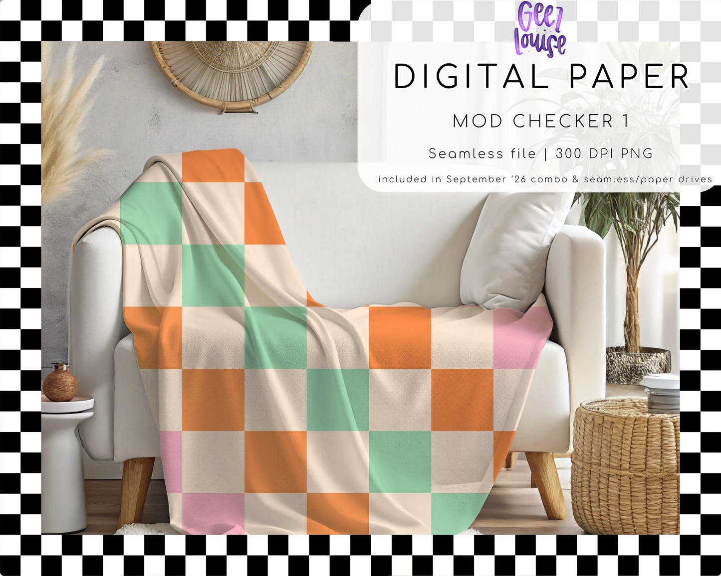 Mod Checker 1 Seamless Digital Paper | Retro Orange Mint Pink Cream Checkerboard PNG | September 26 Seamless Paper & Combo Drives