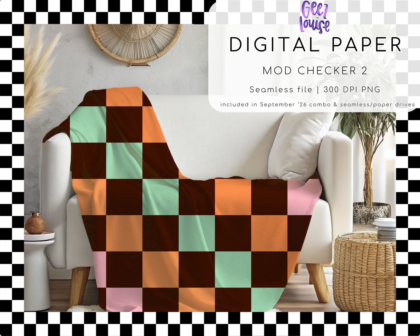 Mod Checker 2 Seamless Digital Paper | Retro Orange Brown Mint Pink Checkerboard PNG | September 26 Seamless Paper & Combo Drives