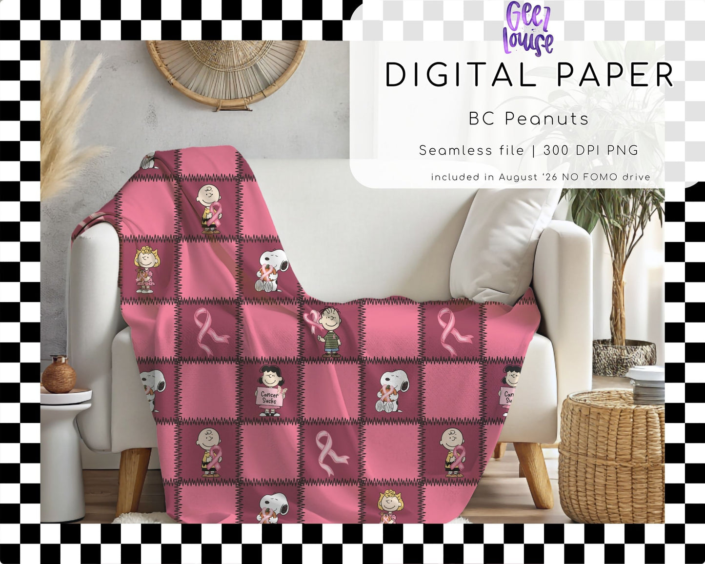 BC Peanuts Pink Ribbon Seamless Pattern PNG | Breast Cancer Awareness Patchwork Digital Paper