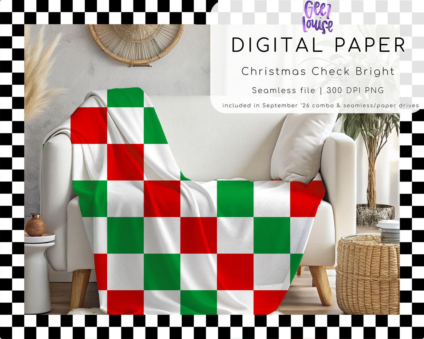 Christmas Check Bright Seamless Pattern PNG | Red Green Checkerboard Digital Paper
