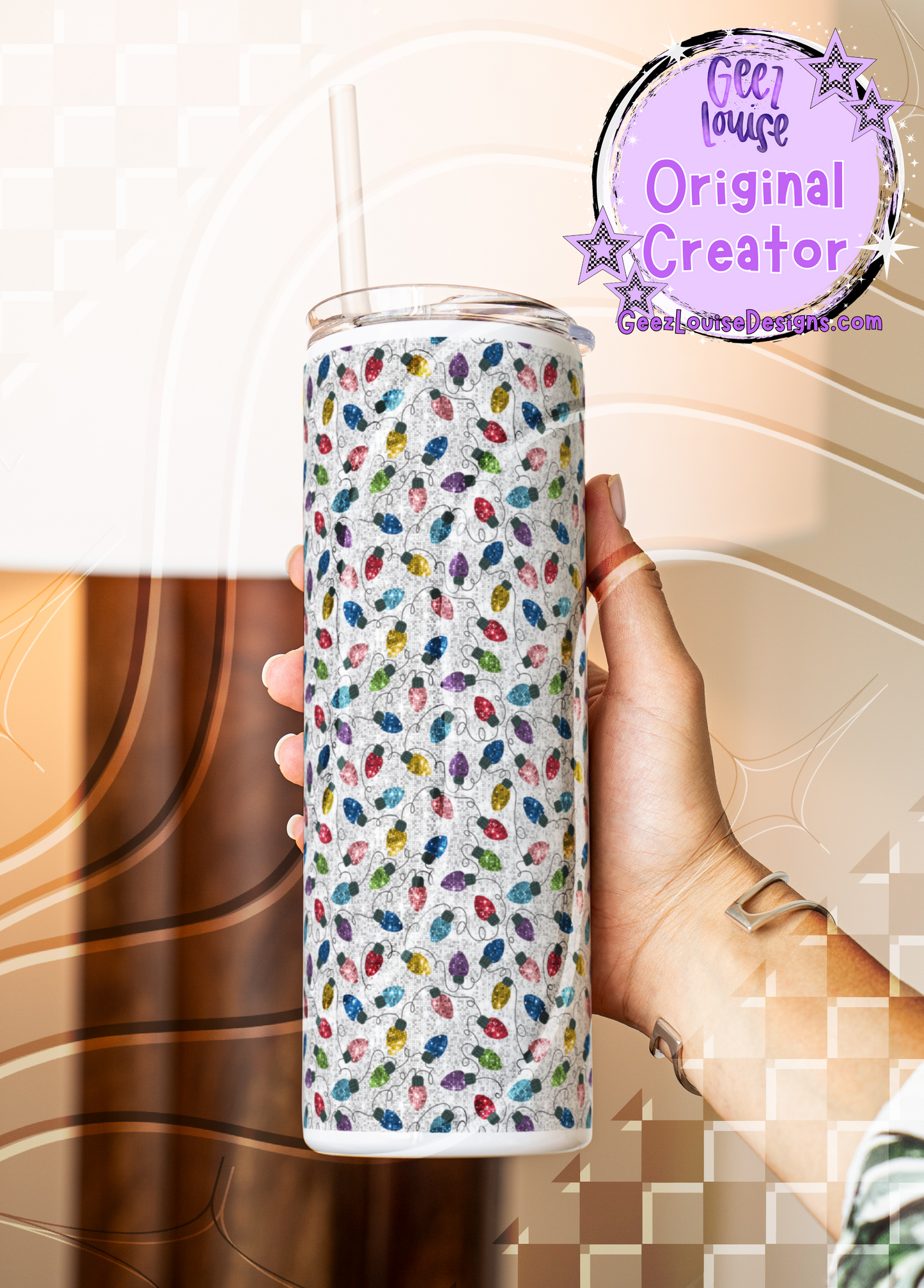 Colorful Christmas Lights Tumbler Wrap – Sequin Glitter Style (20 oz Skinny PNG)