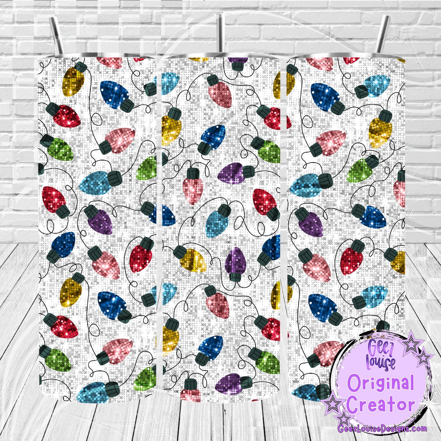 Colorful Christmas Lights Tumbler Wrap – Sequin Glitter Style (20 oz Skinny PNG)