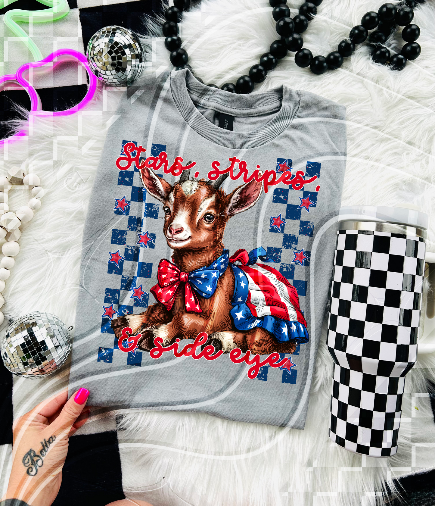 Stars, Stripes, & Side Eye – Patriotic Goat PNG