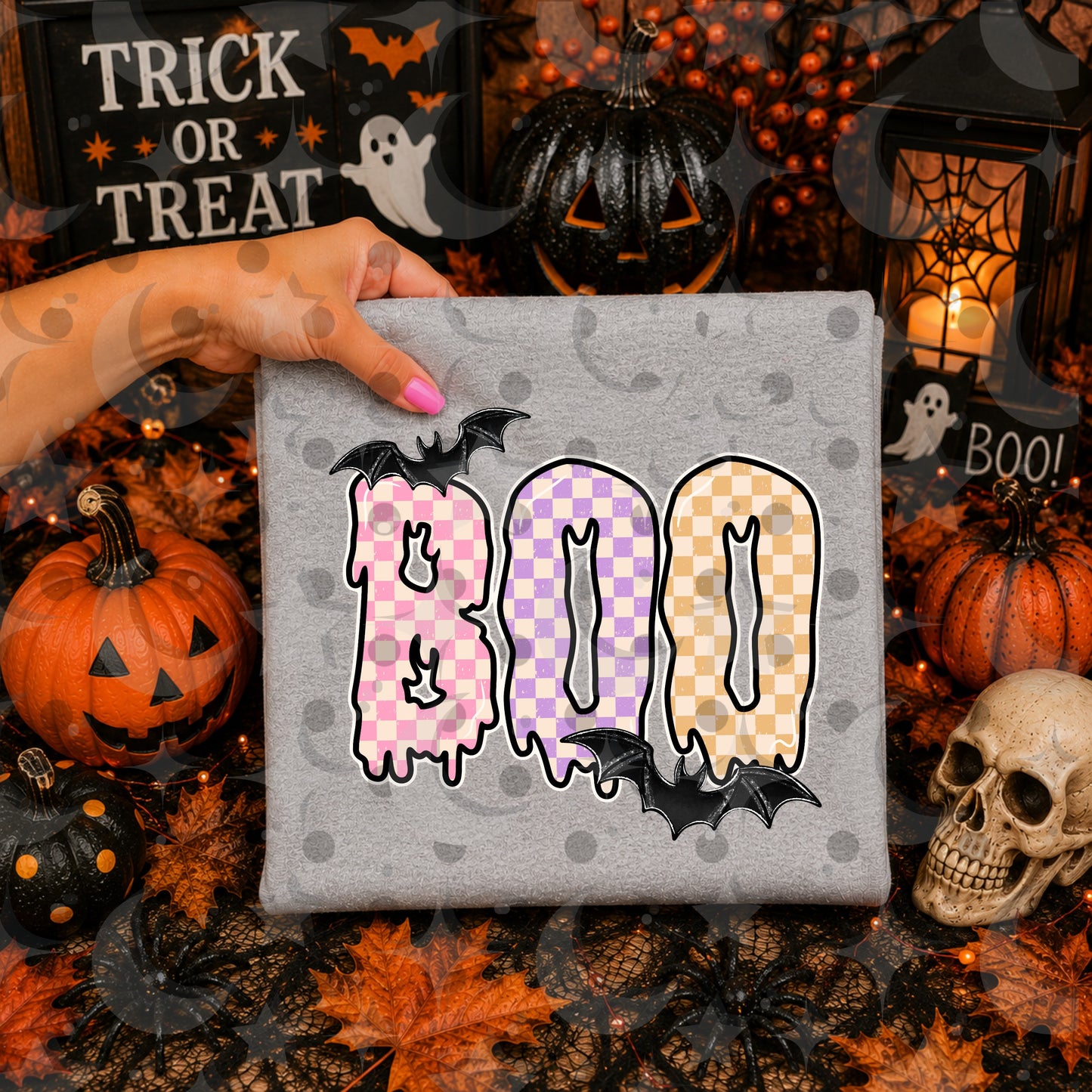 Boo PNG | Pastel Halloween Sublimation Design | Pink Purple Orange Checkerboard Digital Download | 4 Color Variants | August '26 Finished Design Drive