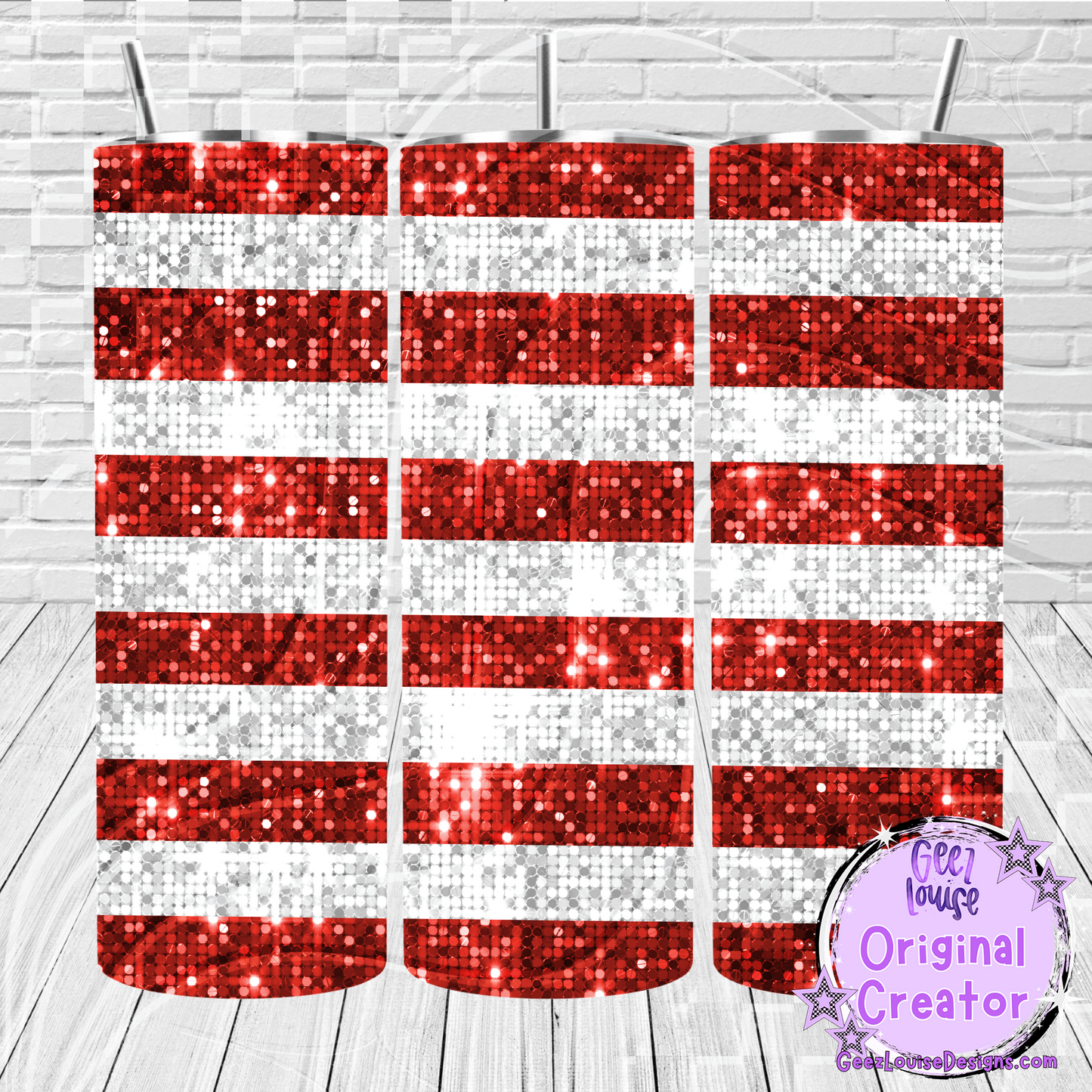 Red and White Sequin Stripes Christmas Tumbler Wrap (20 oz Skinny PNG)