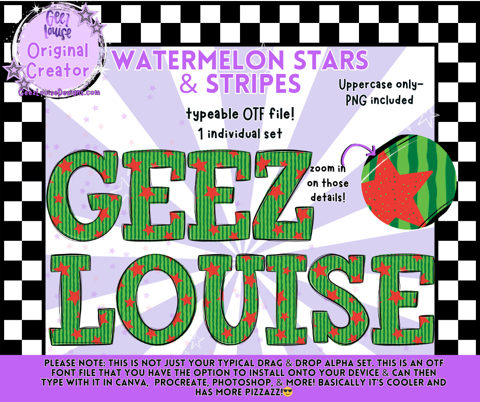 WATERMELON STARS & STRIPES — Typeable OTF Alpha Font + PNGs