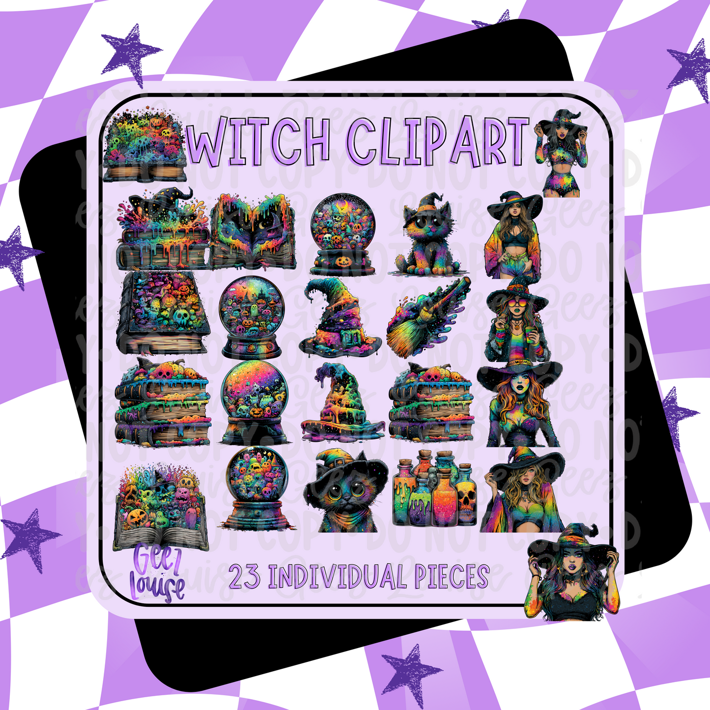 Witch Clipart – 23-Piece Halloween PNG Set | Neon Drip, Spellbooks, Witches & More